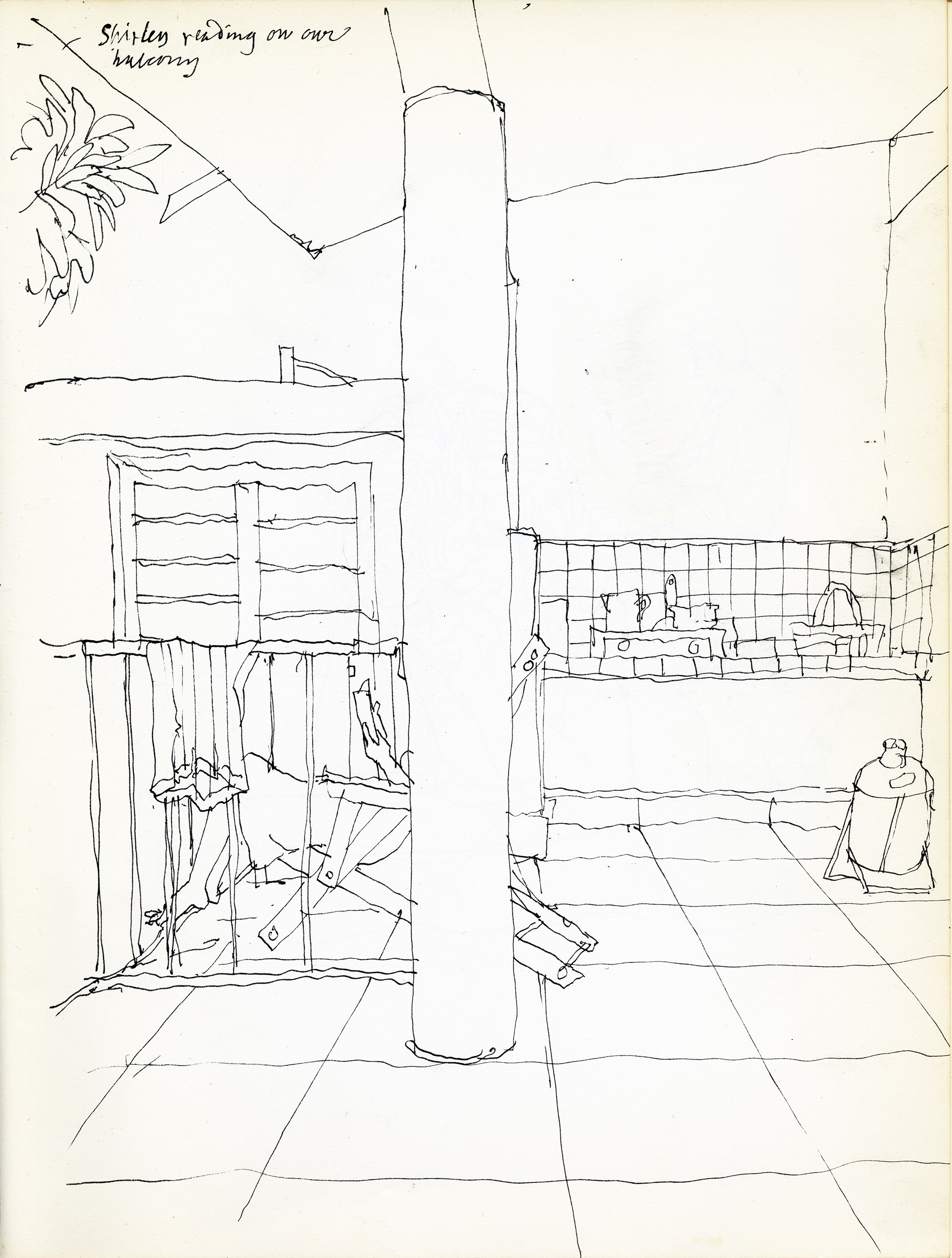 drawing of Mexican room with woman sitting on a lounge chair on a balcony behind a column